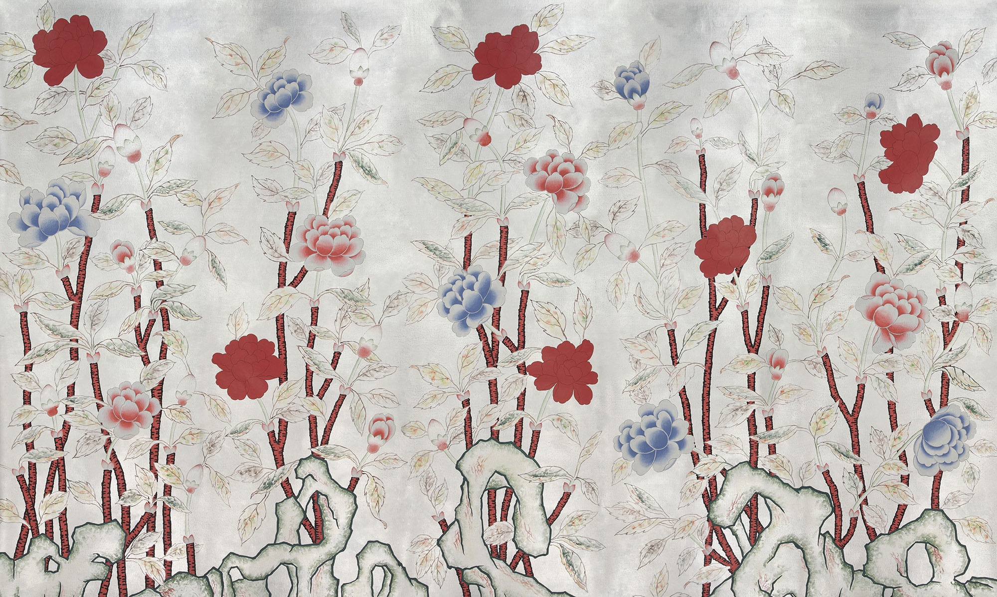 Обои ручная роспись Korean Peony Original colourway on Ocean Silver gilded silk with pearlescent antiquing Обои ручная роспись Korean Peony Original colourway on Ocean Silver gilded silk with pearlescent antiquing - постер Loft-Concept в Рязани