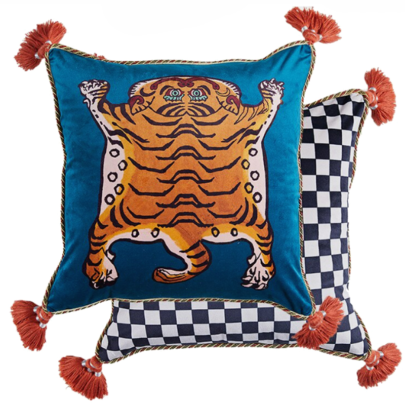 Синяя Подушка Тибетский Тигр TIBETAN TIGER Бежевый Синий Синяя Подушка Тибетский Тигр TIBETAN TIGER Бежевый Синий в Рязани | Loft Concept