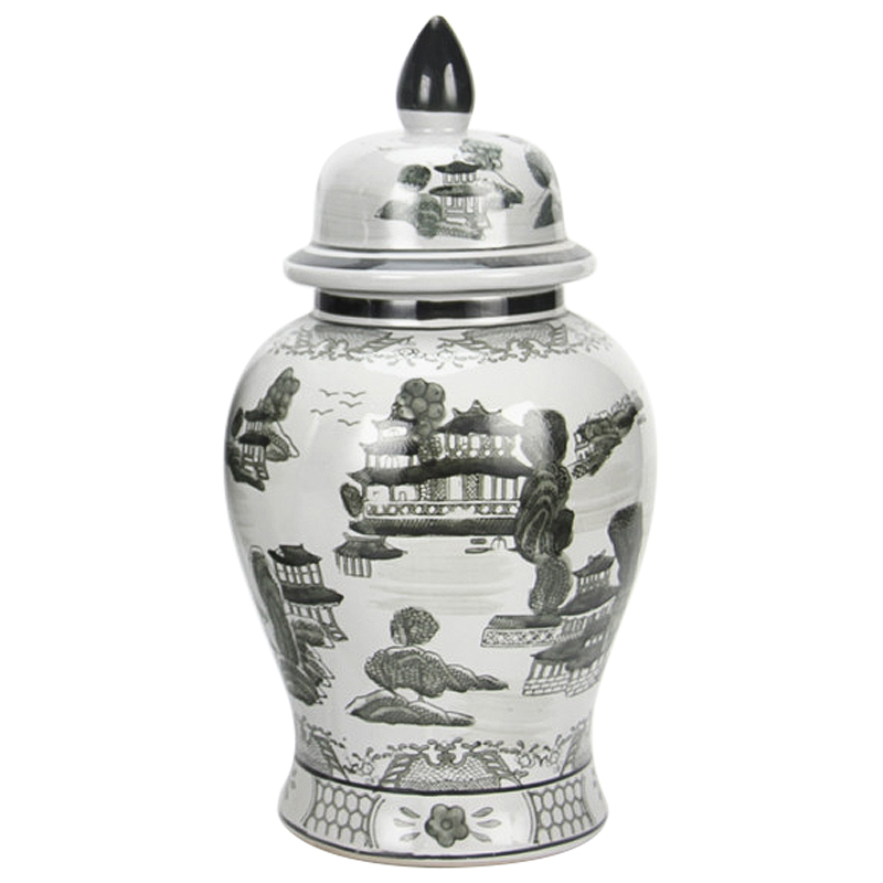 Ваза с крышкой Chinoiserie Ceramics Village Vase Серый Белый Ваза с крышкой Chinoiserie Ceramics Village Vase Серый Белый в Рязани | Loft Concept