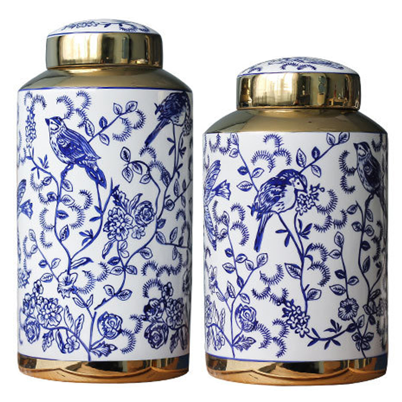 Вазы Ceramic Oriental Blue Ornament Birds Vases Синий Белый Золотой Вазы Ceramic Oriental Blue Ornament Birds Vases Синий Белый Золотой в Рязани | Loft Concept