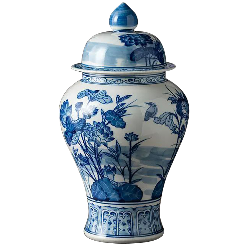 Ваза с крышкой Ceramic Blue Flowers and Bird Vase Белый Синий в Рязани | Loft Concept 