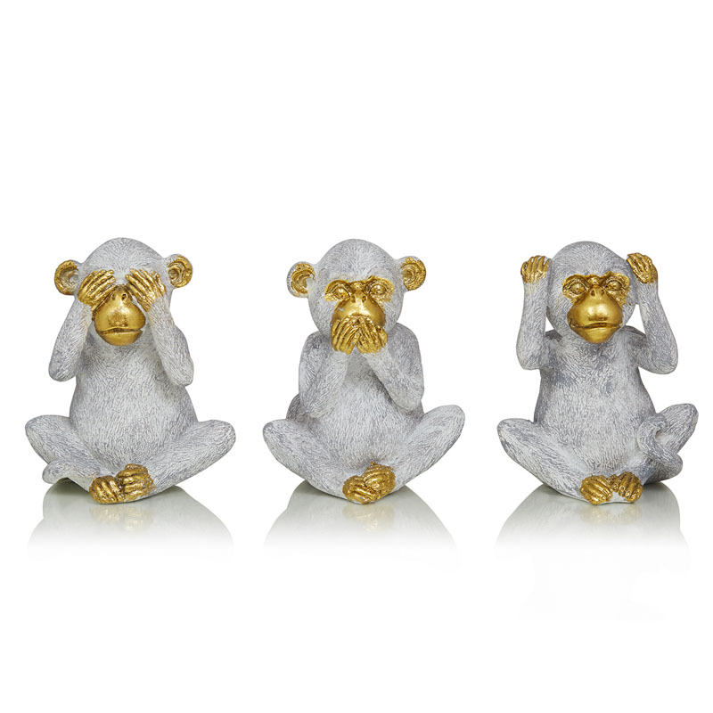Комплект из 3-х статуэток Three Monkeys Серый Золотой Комплект из 3-х статуэток Three Monkeys Серый Золотой в Рязани | Loft Concept