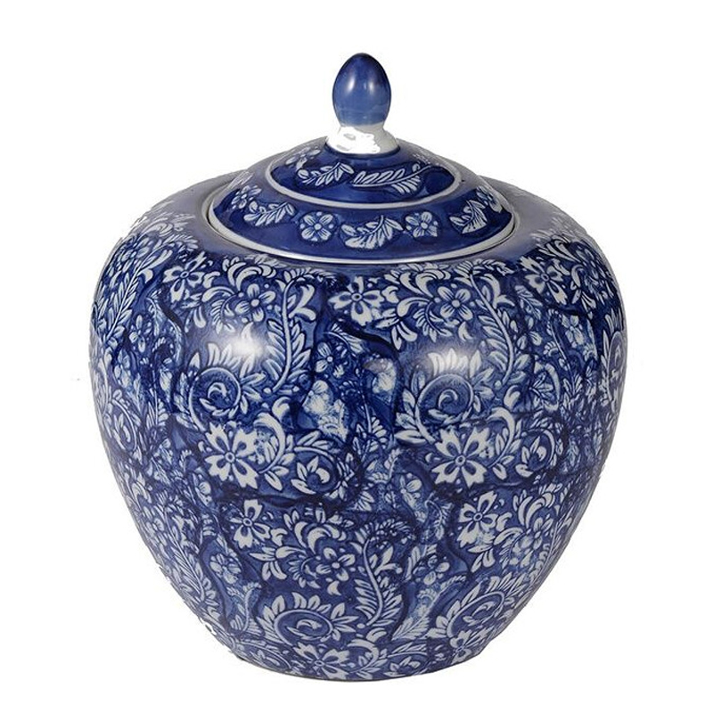 Ваза округлой формы с синей росписью и цветочным узором Blue & White Ornament Белый Синий Ваза округлой формы с синей росписью и цветочным узором Blue & White Ornament Белый Синий в Рязани | Loft Concept