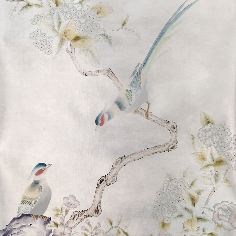 Обои ручная роспись Japanese Garden Special Colourway on Ocean Silver gilded silk  в Рязани | Loft Concept 