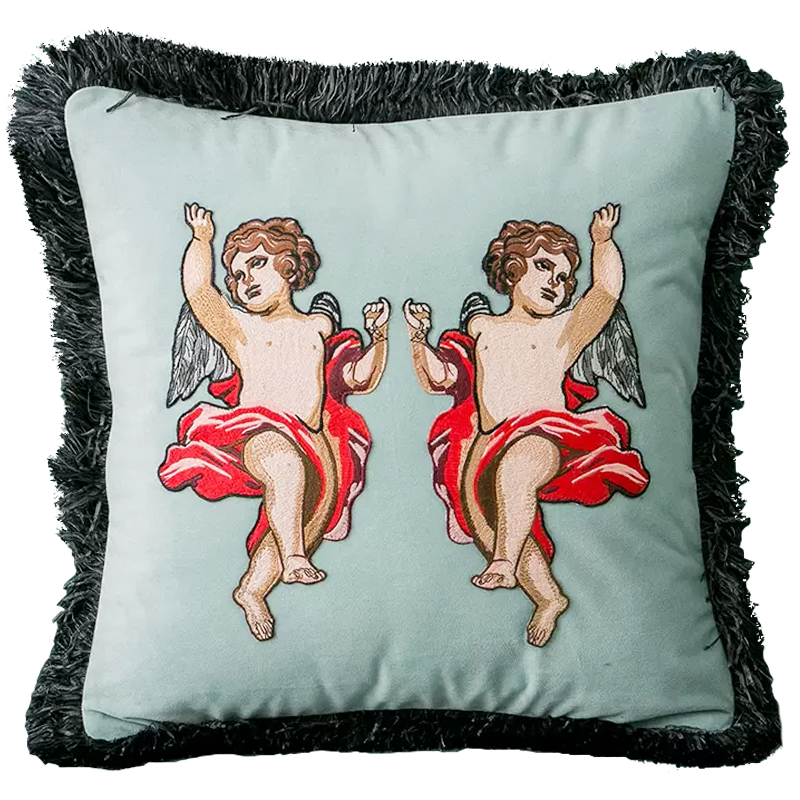 Декоративная подушка с вышивкой Стиль Gucci Angels Cushion Мятный Серый Бежевый Красный Декоративная подушка с вышивкой Стиль Gucci Angels Cushion Мятный Серый Бежевый Красный в Рязани | Loft Concept
