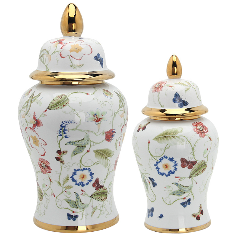 Ваза с крышкой Ceramic Beautiful Garden Vase Белый Золотой Мульти Ваза с крышкой Ceramic Beautiful Garden Vase Белый Золотой Мульти в Рязани | Loft Concept