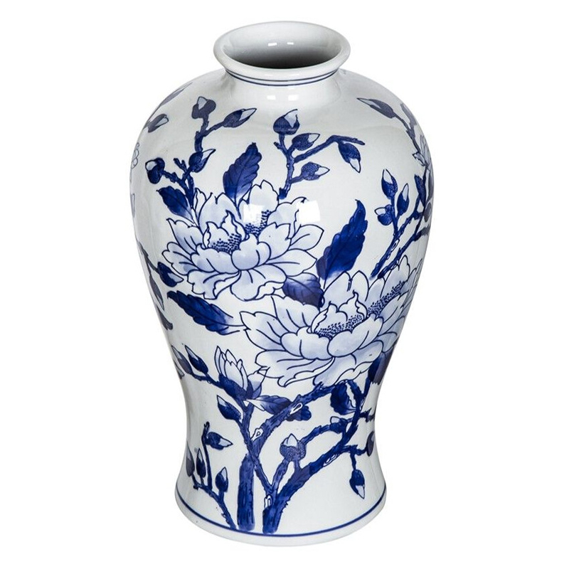 Ваза с бело-синей росписью и изображением цветов Blue & White Ornament Белый Синий Ваза с бело-синей росписью и изображением цветов Blue & White Ornament Белый Синий в Рязани | Loft Concept