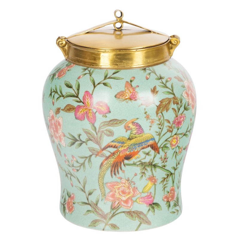 Ваза округлой формы из фарфора с рисунком и бронзовой крышкой Turquoise Blooming Garden Мульти Бронза Бирюзовый в Рязани | Loft Concept 