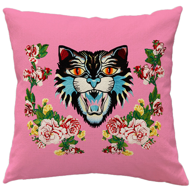 Декоративная подушка Стиль Gucci Cat Pink Розовый Мульти Декоративная подушка Стиль Gucci Cat Pink Розовый Мульти в Рязани | Loft Concept