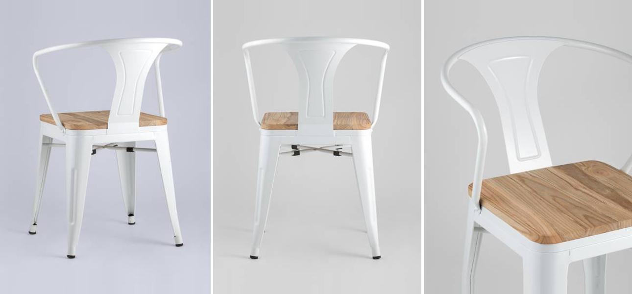 Стул Tolix с подлокотниками Белый Глянцевый Металл Деревянное Сидение - фото