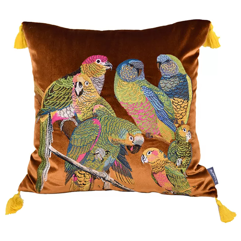 Декоративная подушка с вышивкой Embroidery Parrots Pillow Brown Коричневый Мульти Декоративная подушка с вышивкой Embroidery Parrots Pillow Brown Коричневый Мульти в Рязани | Loft Concept