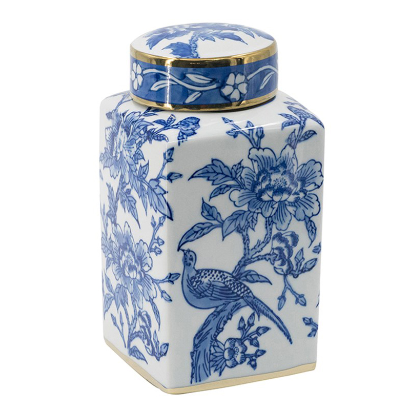Ваза с крышкой Bird & Flowers Oriental Ornament Глянцевое золото Белый Синий Ваза с крышкой Bird & Flowers Oriental Ornament Глянцевое золото Белый Синий в Рязани | Loft Concept