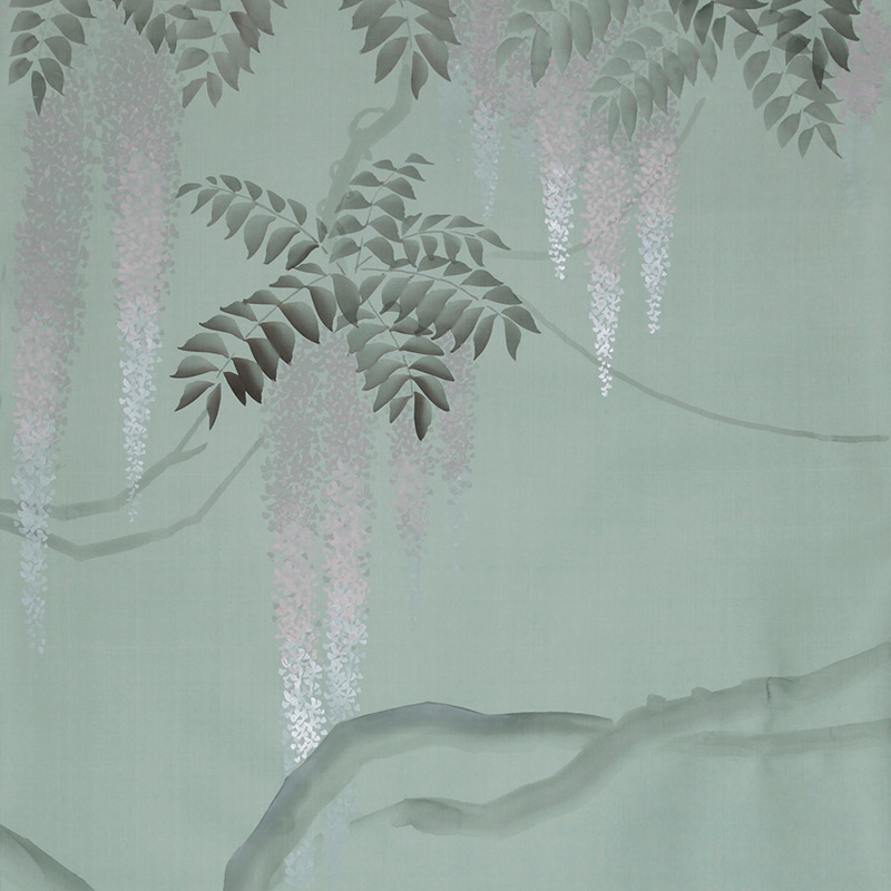 Обои в Японском стиле Wisteria Special Colourway on Blue Grey dyed silk Обои в Японском стиле Wisteria Special Colourway on Blue Grey dyed silk в Рязани | Loft Concept