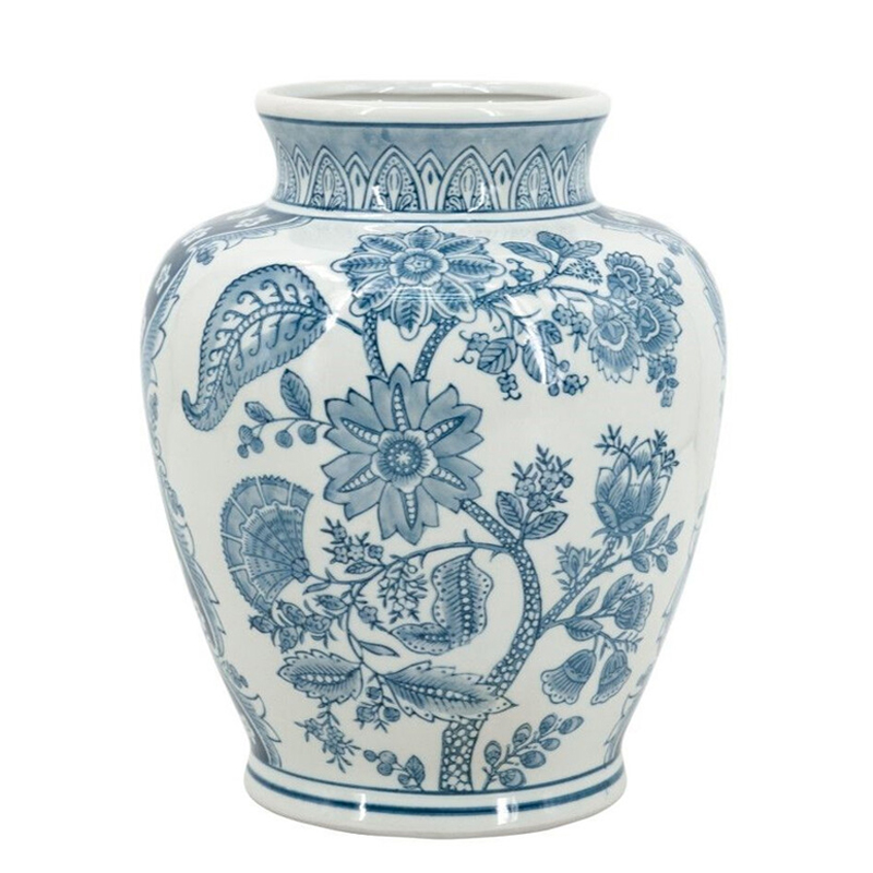Ваза округлой формы белого цвета с синим растительным узором Blue & White Ornament Белый Синий Ваза округлой формы белого цвета с синим растительным узором Blue & White Ornament Белый Синий в Рязани | Loft Concept