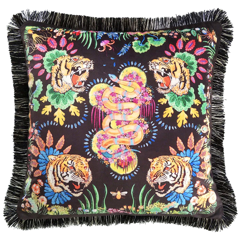 Декоративная подушка Cтиль Gucci Four Tigers and Micrurus Мульти Черный Декоративная подушка Cтиль Gucci Four Tigers and Micrurus Мульти Черный в Рязани | Loft Concept