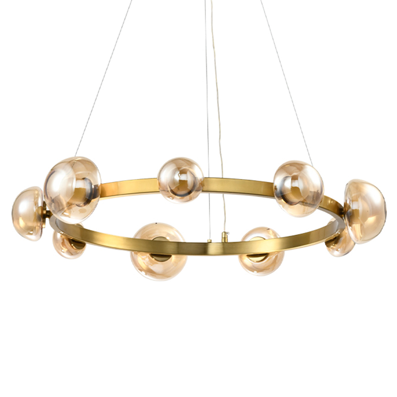 Люстра подвесная светодиодная с 9-ю круглыми плафонами коньячного цвета Iona Chandelier Brass Латунь Люстра подвесная светодиодная с 9-ю круглыми плафонами коньячного цвета Iona Chandelier Brass Латунь в Рязани | Loft Concept