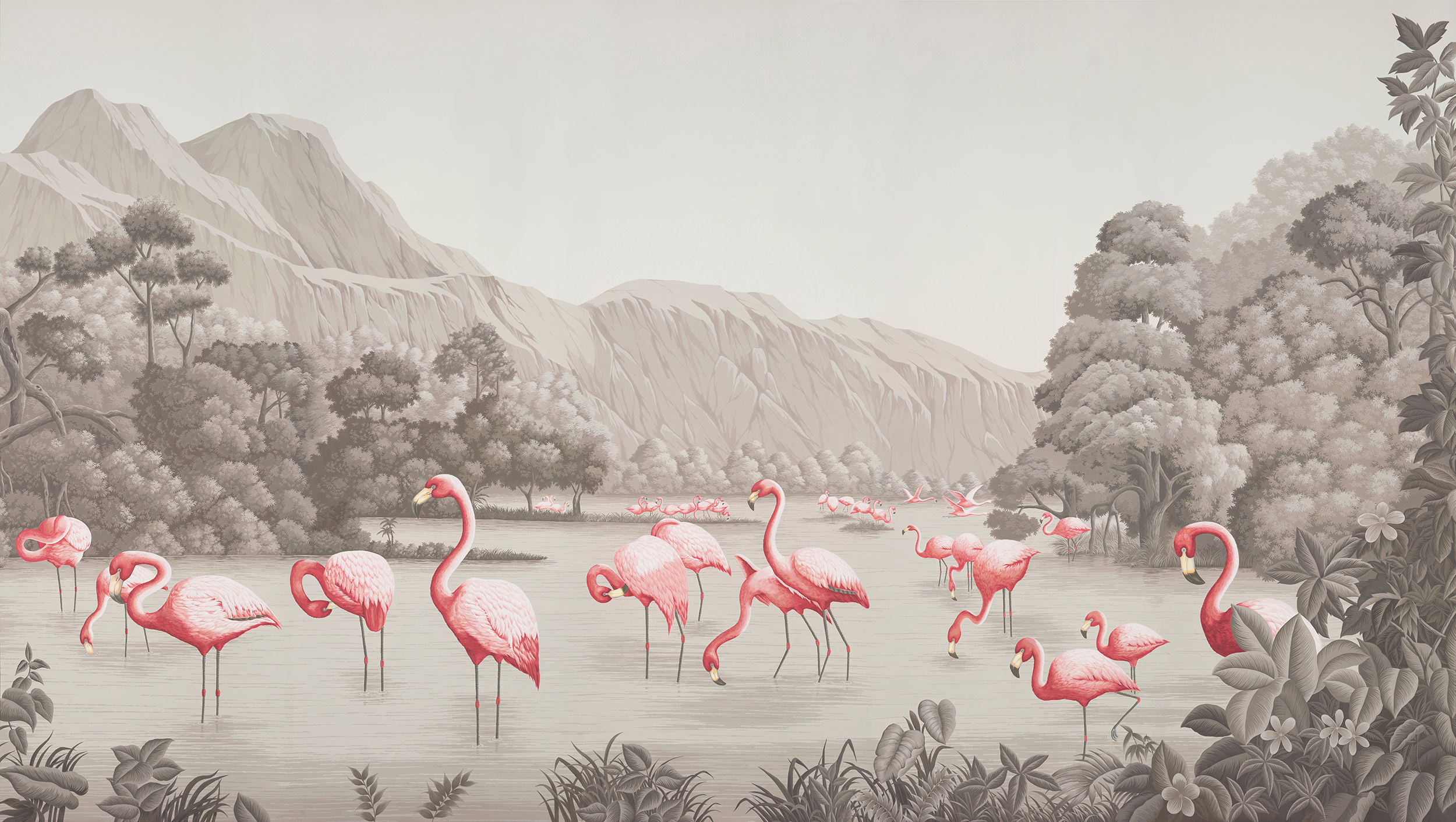 Обои ручная роспись Flamingos Flamingo on Eau Forte scenic paper Обои ручная роспись Flamingos Flamingo on Eau Forte scenic paper - постер Loft-Concept в Рязани