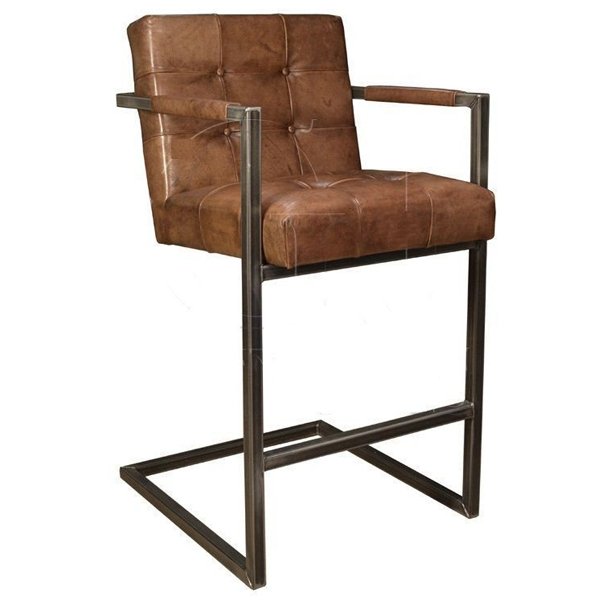 Кожаный стул Bar Stool Leather Iron Tufted Коричневый винтаж Винтажный черный в Рязани | Loft Concept 