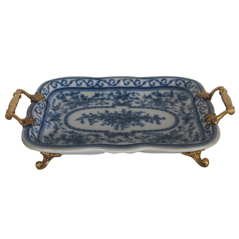 Поднос Blue and Bronze Handles Белый Синий Бронза Поднос Blue and Bronze Handles Белый Синий Бронза в Рязани | Loft Concept