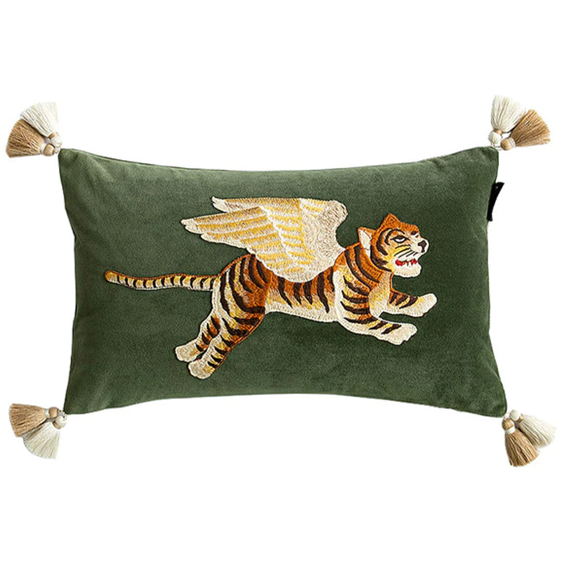 Декоративная подушка с вышивкой Стиль Gucci Winged Tiger Cushion Зеленый Оранжевый Золотой Декоративная подушка с вышивкой Стиль Gucci Winged Tiger Cushion Зеленый Оранжевый Золотой в Рязани | Loft Concept