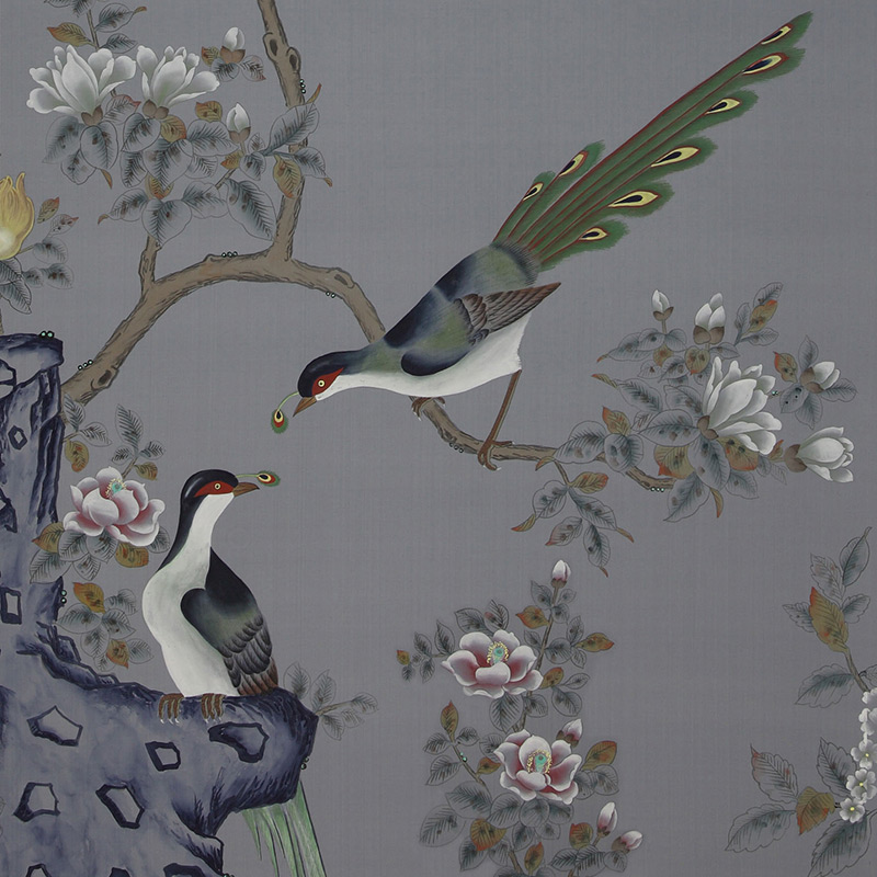 Обои ручная роспись Japanese Garden Original colourway on Gun Metal dyed silk Обои ручная роспись Japanese Garden Original colourway on Gun Metal dyed silk в Рязани | Loft Concept