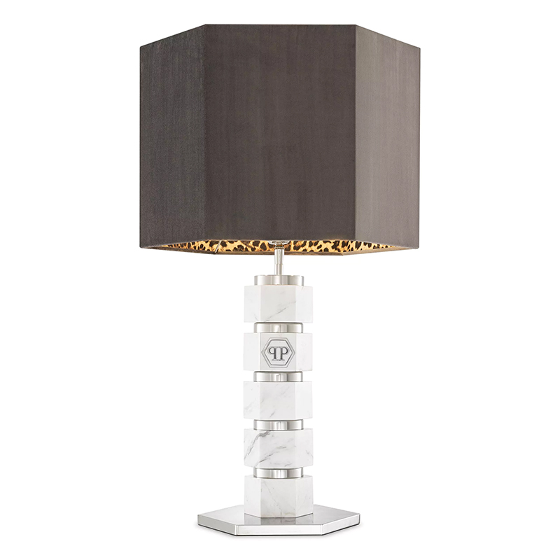 Настольная лампа Philipp Plein Table Lamp Hexagon Коричневый Белый Мрамор Bianco Хром в Рязани | Loft Concept 