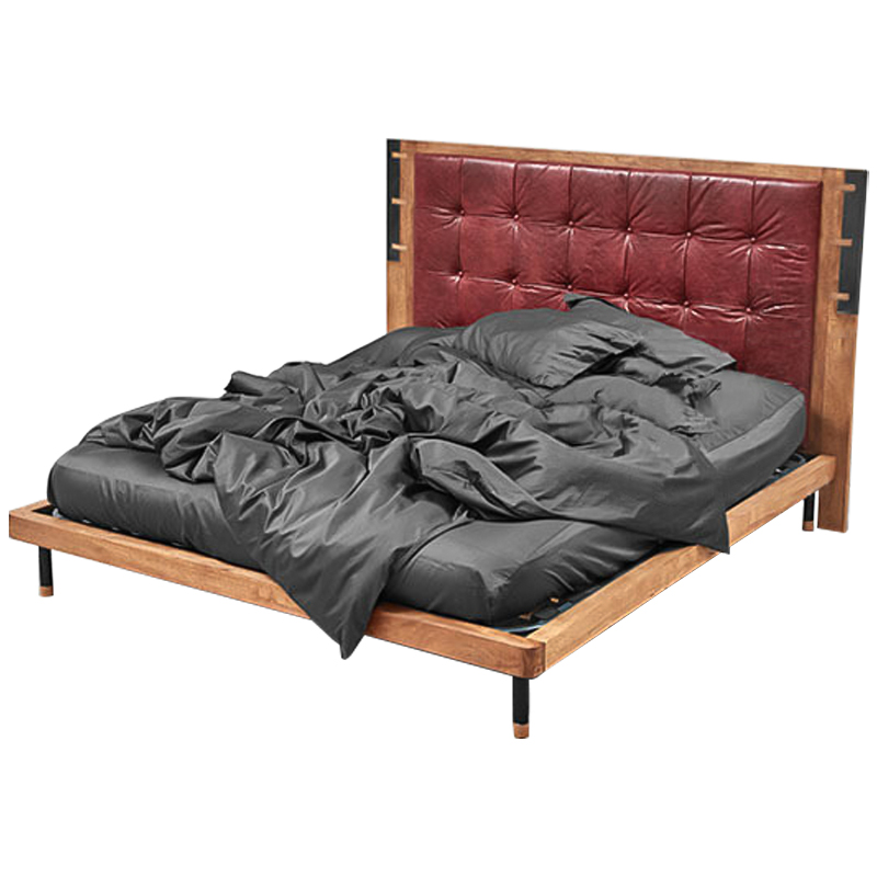 Кровать деревянная с изголовьем из натуральной кожи Kearns Bed Древесина Бургундский красный Кровать деревянная с изголовьем из натуральной кожи Kearns Bed Древесина Бургундский красный в Рязани | Loft Concept