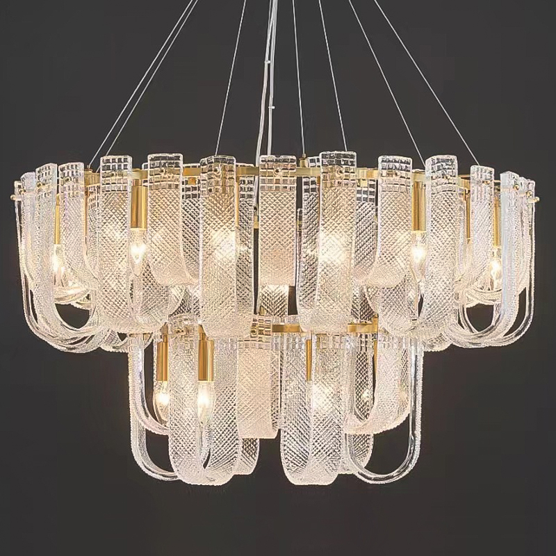 Люстра Prudence Textured Glass Two Tier Chandelier Прозрачное Стекло Золотой Люстра Prudence Textured Glass Two Tier Chandelier Прозрачное Стекло Золотой в Рязани | Loft Concept