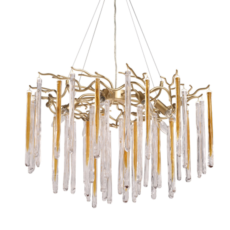 Люстра подвесная золотого цвета с разветвленными ветвями и прозрачными стеклянными подвесками Droplet Chandelier Золотой Прозрачный в Рязани | Loft Concept 