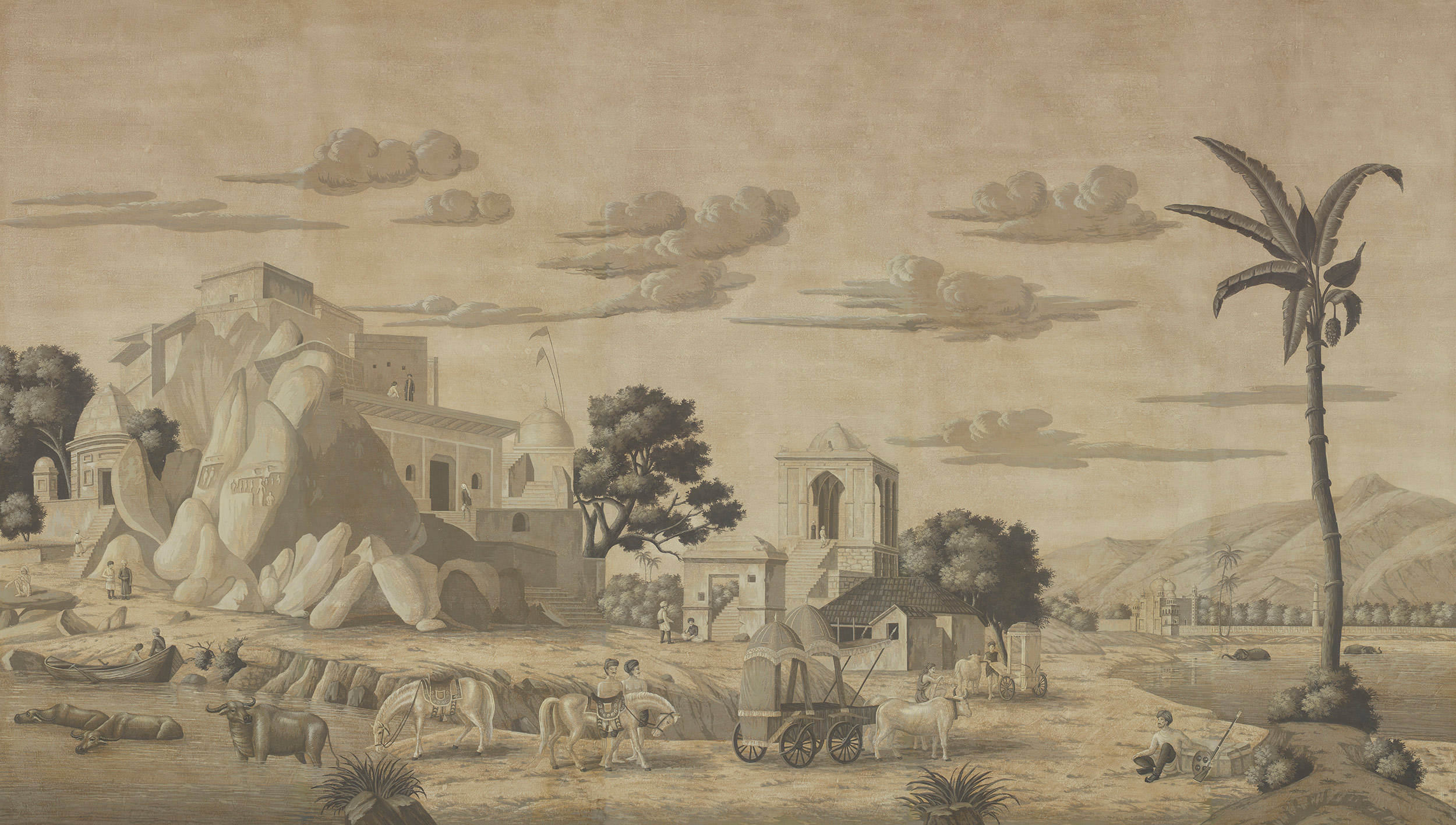 Обои ручная роспись Early Views of India Eau Forte on antique scenic Xuan paper Обои ручная роспись Early Views of India Eau Forte on antique scenic Xuan paper - постер Loft-Concept в Рязани