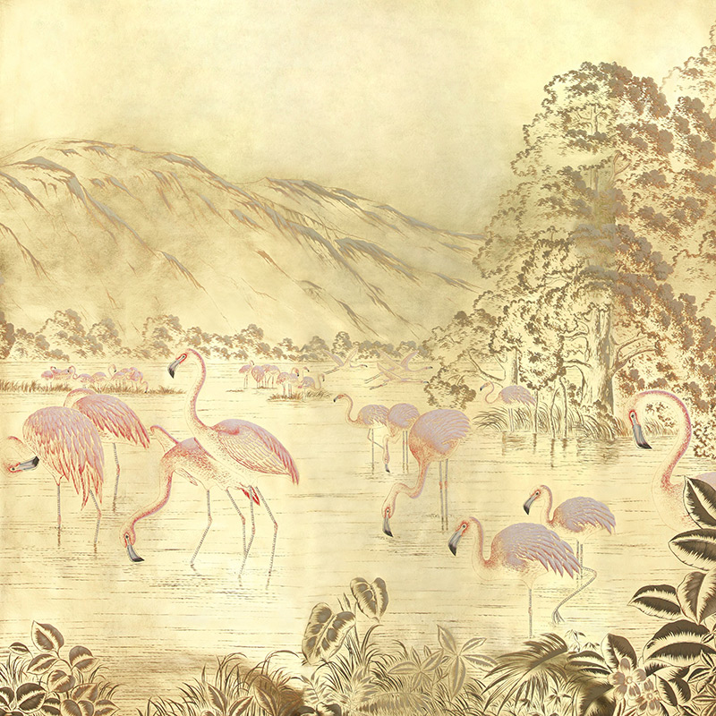 Обои ручная роспись Flamingos Flamingo on Deep Rich Gold gilded paper Обои ручная роспись Flamingos Flamingo on Deep Rich Gold gilded paper в Рязани | Loft Concept