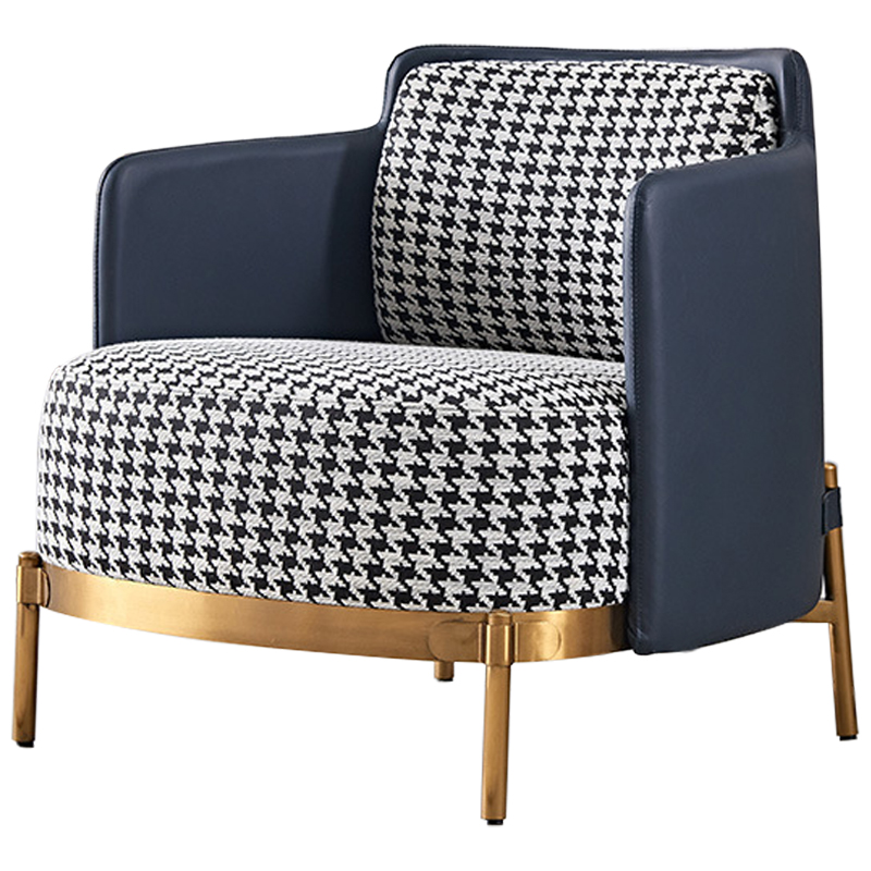 Кресло Pied de Poule Blue Armchair Синий Латунь Черно-белый Кресло Pied de Poule Blue Armchair Синий Латунь Черно-белый в Рязани | Loft Concept