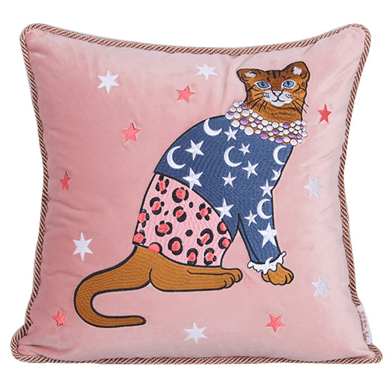 Декоративная подушка с вышивкой Magic Cat Embroidery Cushion Розовый Синий Оранжевый Мульти Декоративная подушка с вышивкой Magic Cat Embroidery Cushion Розовый Синий Оранжевый Мульти в Рязани | Loft Concept