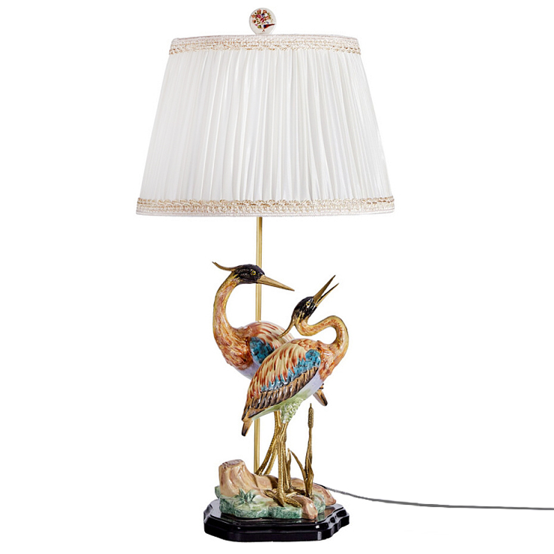 Настольная лампа с абажуром и основанием в виде двух цапель Porcelain Heron Lamp Белый Мульти Бронза в Рязани | Loft Concept 