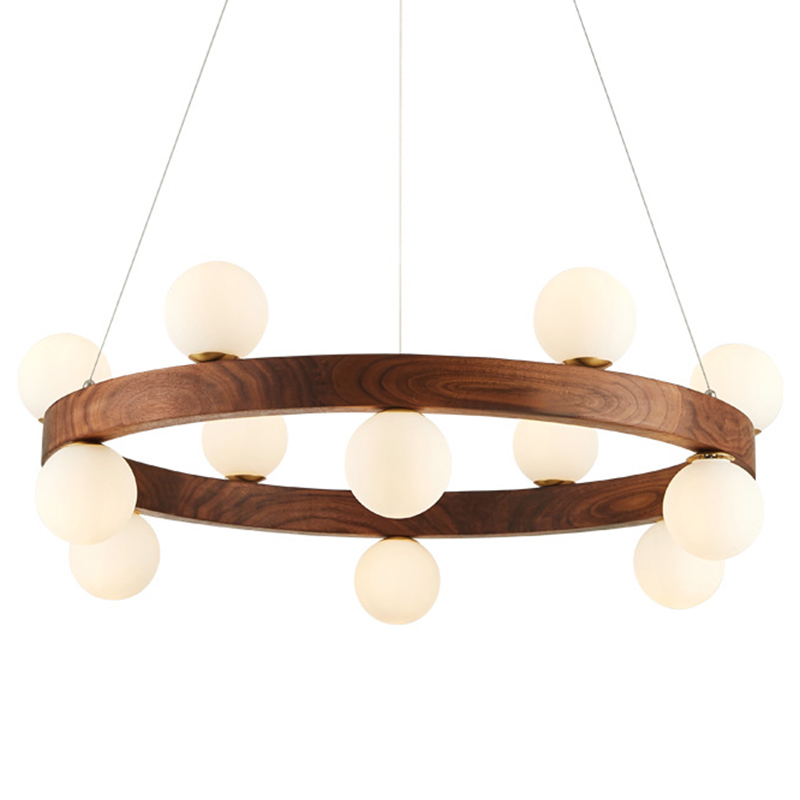 Люстра из дерева с белыми плафонами GRAND Wooden Chandelier Белое матовое стекло Коричневый Латунь в Рязани | Loft Concept 