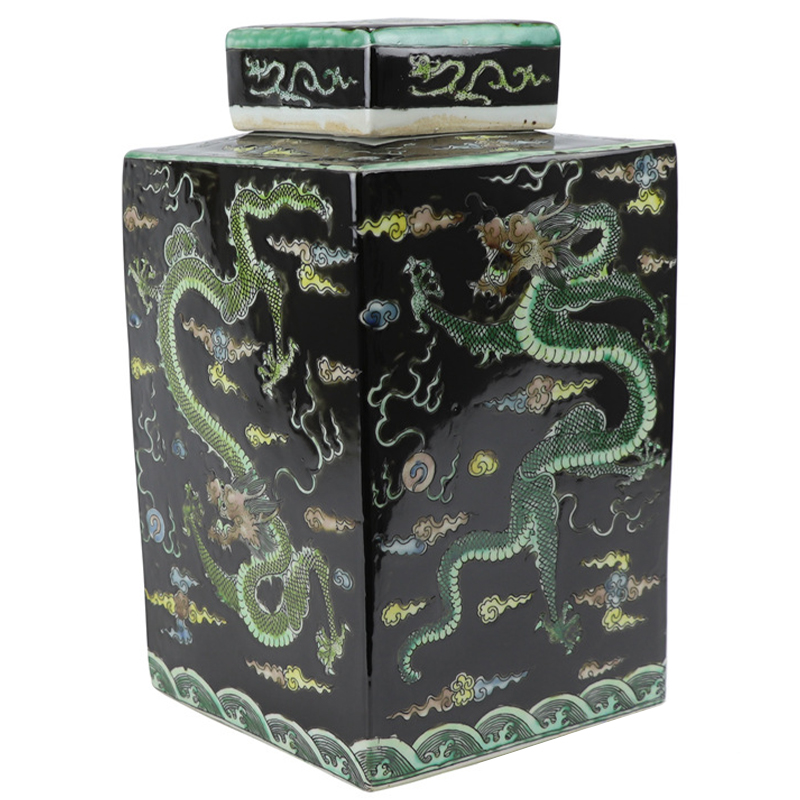 Ваза с крышкой квадратная Green Dragon Black Vase Черный Зеленый Желтый Светло-синий Ваза с крышкой квадратная Green Dragon Black Vase Черный Зеленый Желтый Светло-синий в Рязани | Loft Concept