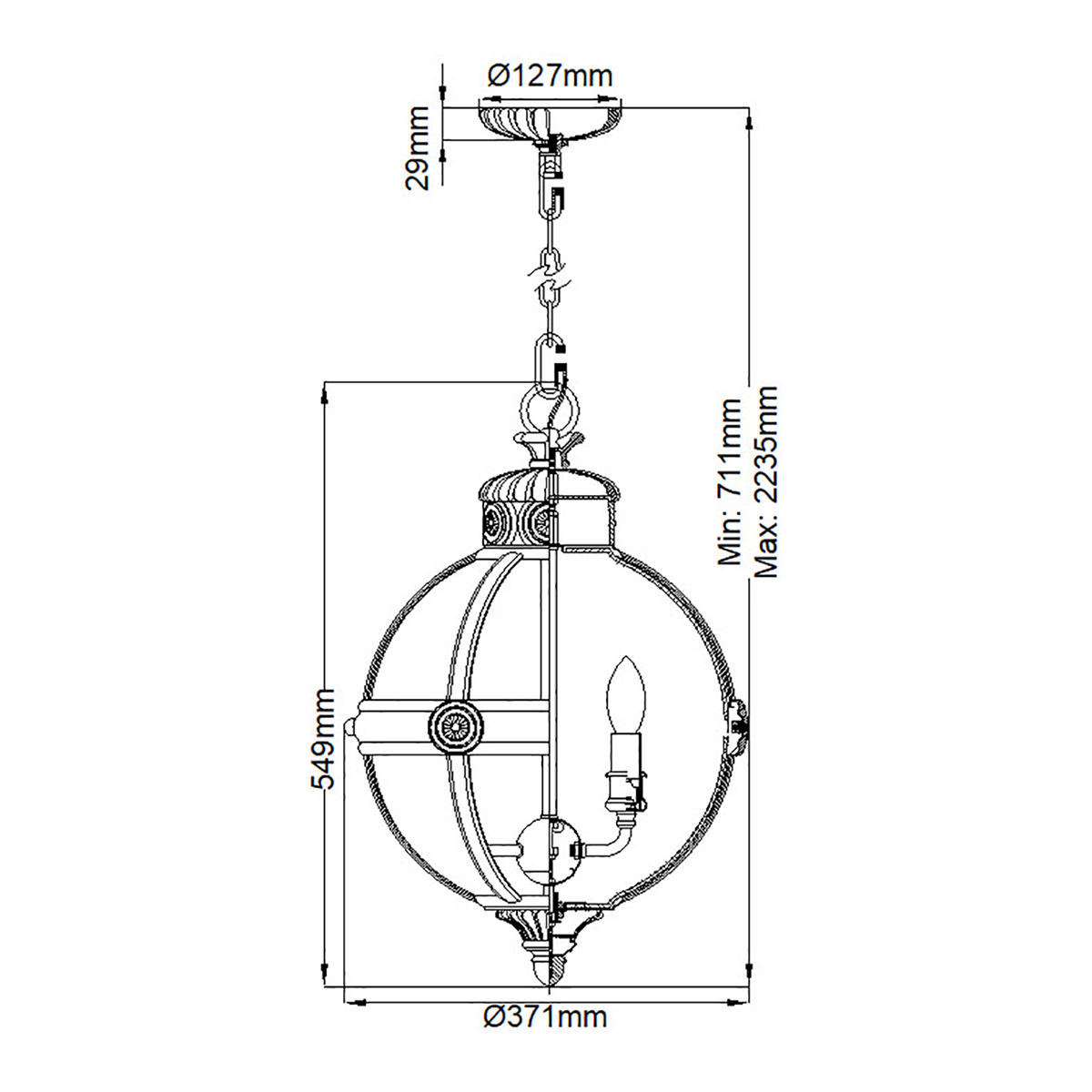 Подвесной светильник с прозрачным стеклянным плафоном в форме шара цвета никеля в индустриальном стиле на цепи 3 лампы Feiss в Рязани
