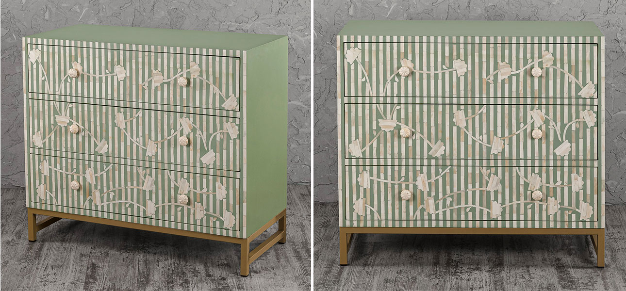 Комод зеленый инкрустация костью Green Flowers - фото