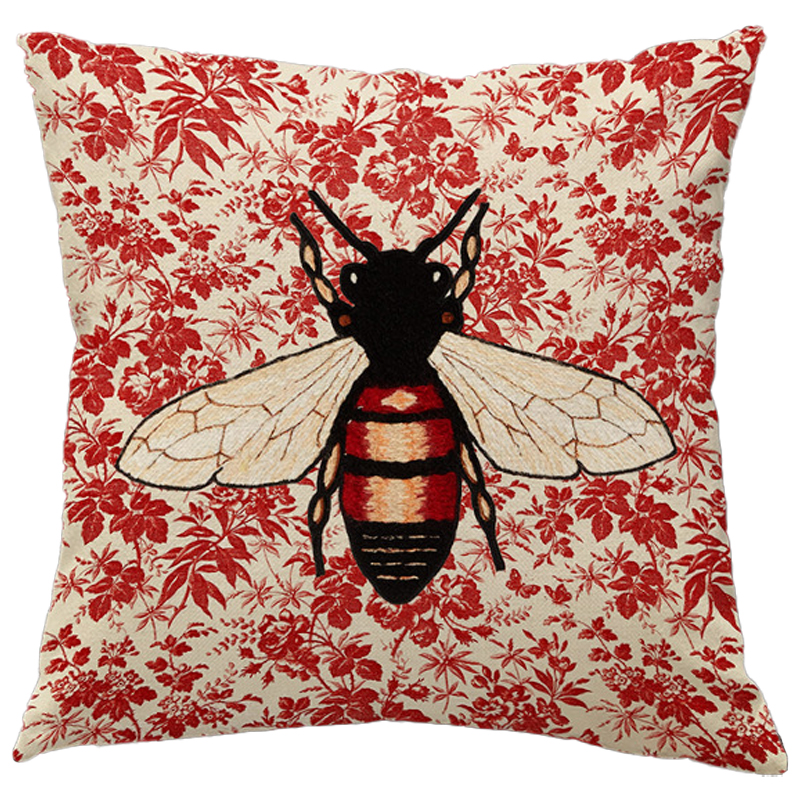 Декоративная подушка Стиль Gucci Bee Красный Бежевый Черный в Рязани | Loft Concept 