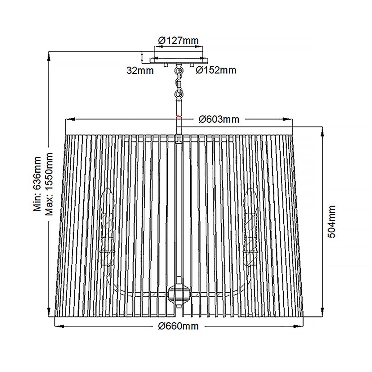 Люстра цвета латунь с 6-ю лампами свечами внутри цилиндрического абажура из черных металлических реек Kichler в Рязани