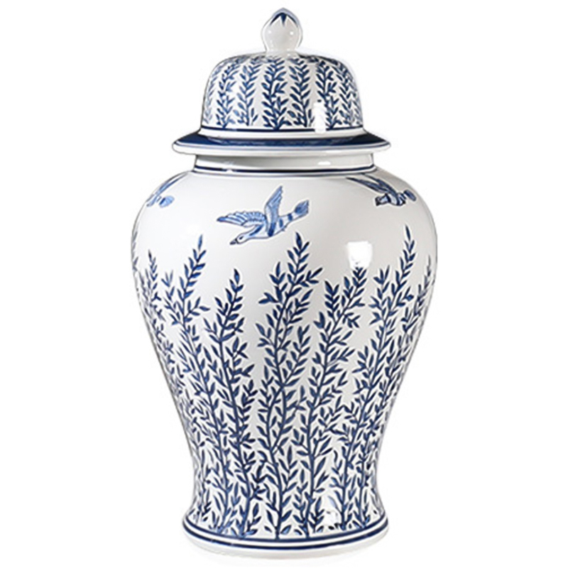 Ваза с крышкой Oriental Blue & White Flying Birds Vase Белый Синий в Рязани | Loft Concept 