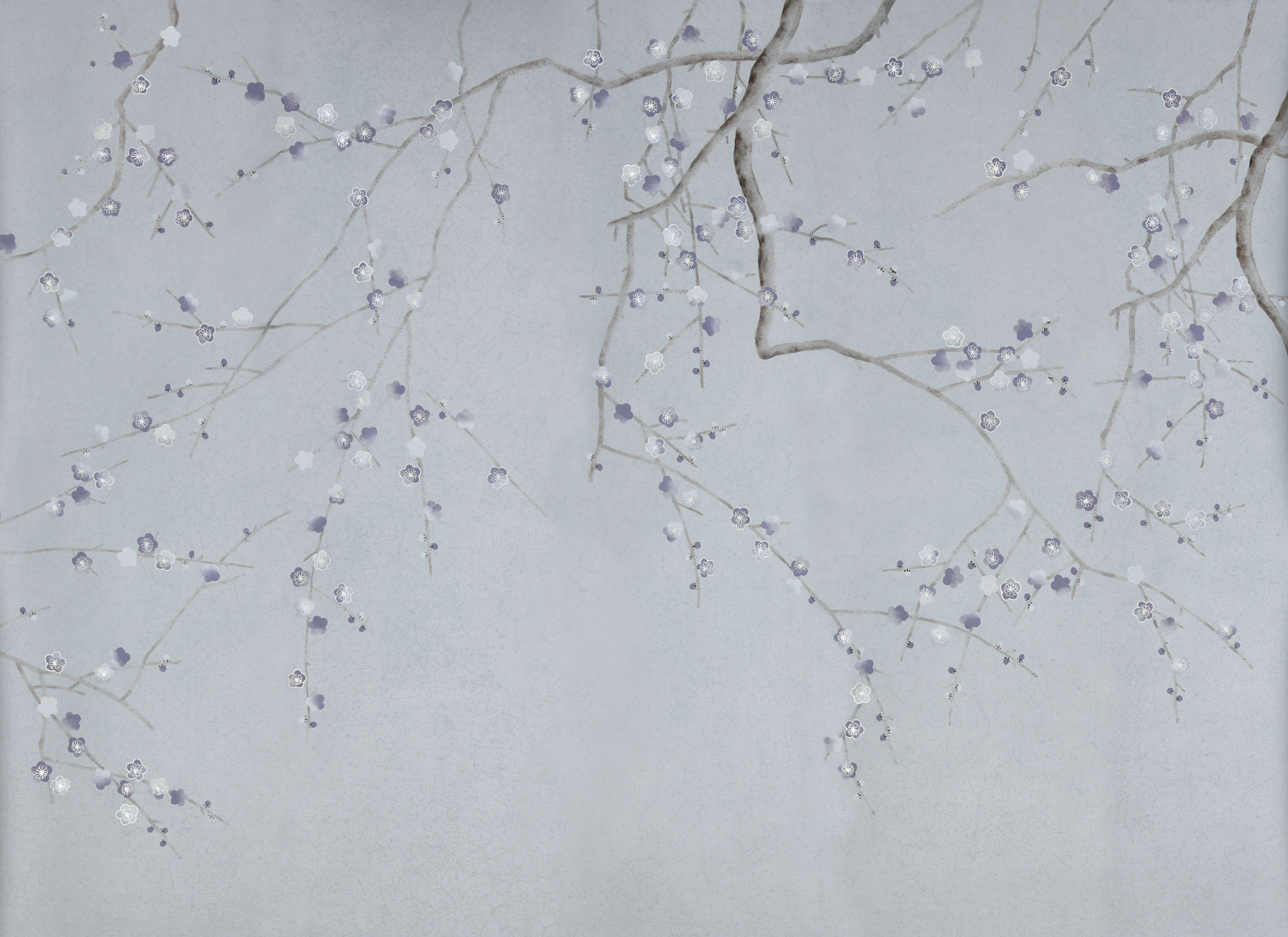 Обои ручная роспись Plum Blossom Special Colourway on Crackled Silver metallic silk Обои ручная роспись Plum Blossom Special Colourway on Crackled Silver metallic silk - постер Loft-Concept в Рязани