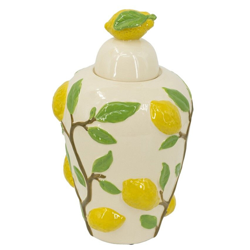 Ваза с крышкой кремового цвета и объемным рисунком лимонов и листьев Lemon Delight Кремовый Желтый Коричневый Зеленый Ваза с крышкой кремового цвета и объемным рисунком лимонов и листьев Lemon Delight Кремовый Желтый Коричневый Зеленый в Рязани | Loft Concept