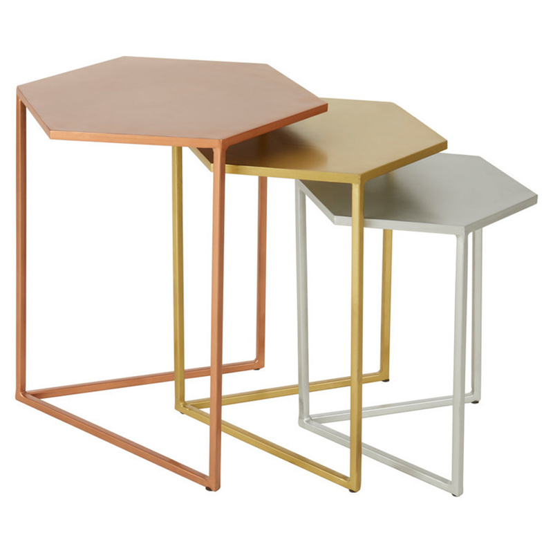 Комплект из 3-х приставных столиков Trio Hexagon Side Tables Медь Золотой Серебряный Комплект из 3-х приставных столиков Trio Hexagon Side Tables Медь Золотой Серебряный в Рязани | Loft Concept