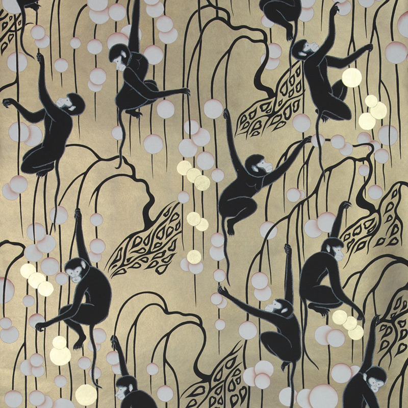 Обои ручная роспись Deco Monkeys Special Colourway on Brushed Gold gilded paper Обои ручная роспись Deco Monkeys Special Colourway on Brushed Gold gilded paper в Рязани | Loft Concept