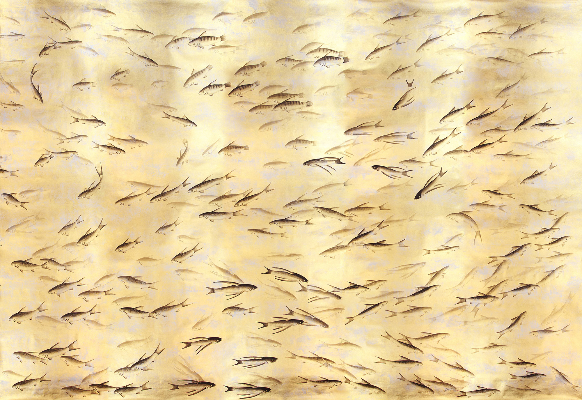 Обои ручная роспись Fishes Original colourway on Deep Rich Gold gilded paper with d?sargenter pearlescent antiquing Обои ручная роспись Fishes Original colourway on Deep Rich Gold gilded paper with d?sargenter pearlescent antiquing - постер Loft-Concept в Рязани