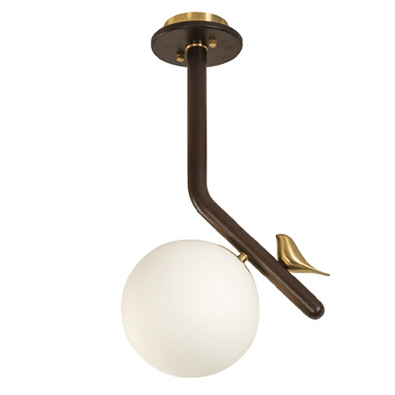 Потолочный светильник с птичкой Bird Wood Ring Ceiling Lamp Латунь Коричневый Белое матовое стекло Потолочный светильник с птичкой Bird Wood Ring Ceiling Lamp Латунь Коричневый Белое матовое стекло в Рязани | Loft Concept