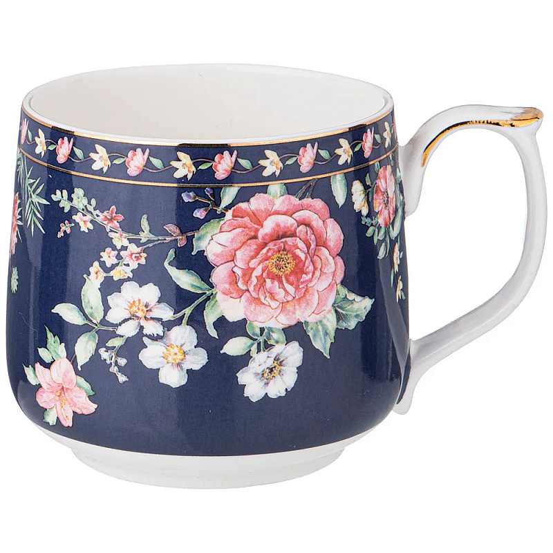 Кружка фарфоровая синяя с цветочным принтом 470 мл Flower Porcelain Collection Синий Мульти Кружка фарфоровая синяя с цветочным принтом 470 мл Flower Porcelain Collection Синий Мульти в Рязани | Loft Concept