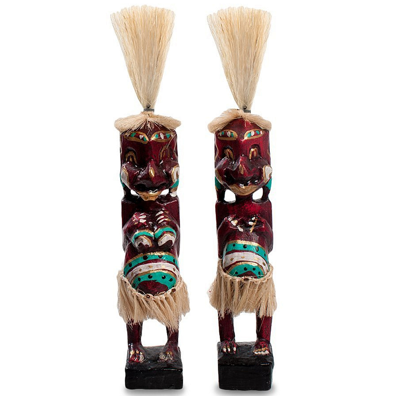 Комплект из 2-х деревянных статуэток Asmat Straw Headdress Statuettes Red Turquoise Tattoo Красный Бежевый Бирюзовый Белый Комплект из 2-х деревянных статуэток Asmat Straw Headdress Statuettes Red Turquoise Tattoo Красный Бежевый Бирюзовый Белый в Рязани | Loft Concept