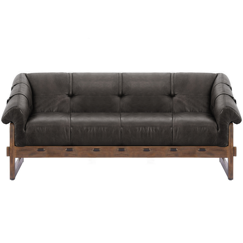 Трехместный диван Duncan винтажная черная кожа Черный Коричневый в Рязани | Loft Concept 